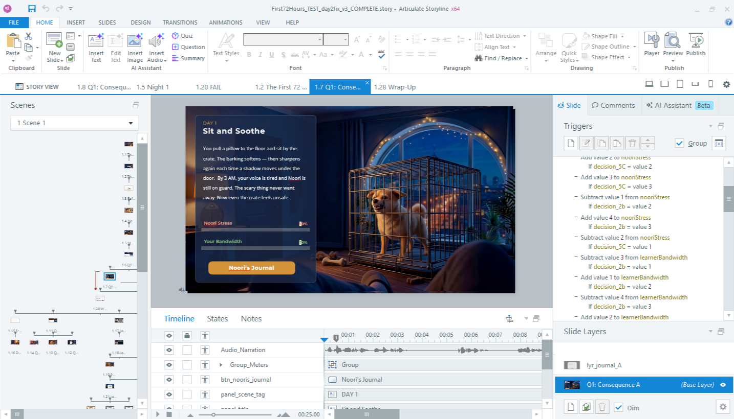 The Storyline 360 editor on the Day 1 'Sit and Soothe' slide: Noori Stress and Your Bandwidth meters on the slide, and a triggers panel adding and subtracting nooriStress and learnerBandwidth values based on the learner's decisions.